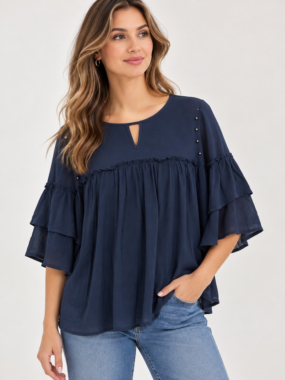 a.n.a Navy Ruffle Sleeve Peasant Blouse